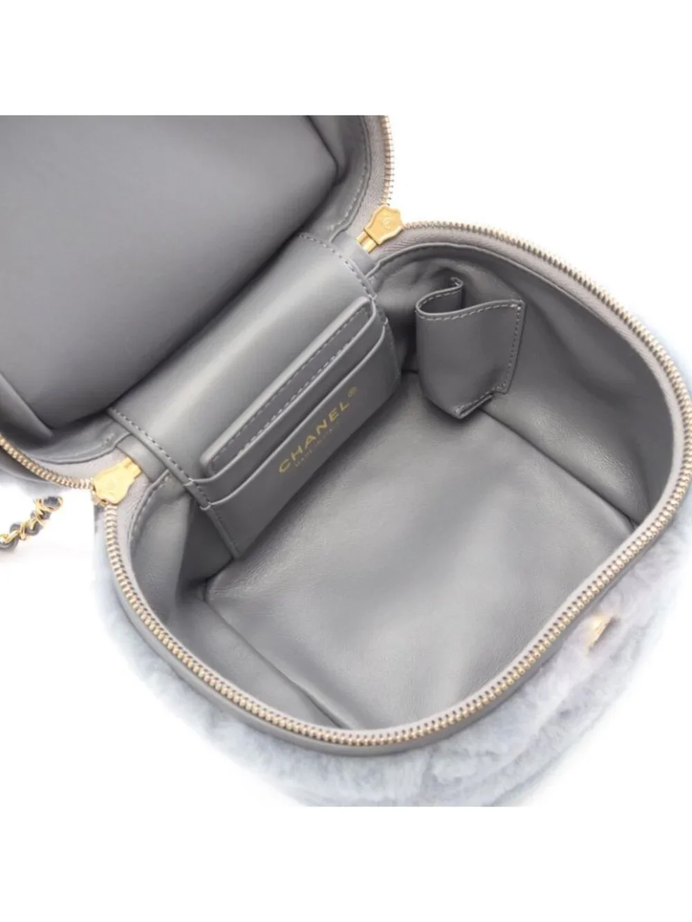 Chanel Shoulder Bag Quilted Vanity 2-Way Gray Shearling Leather Chain